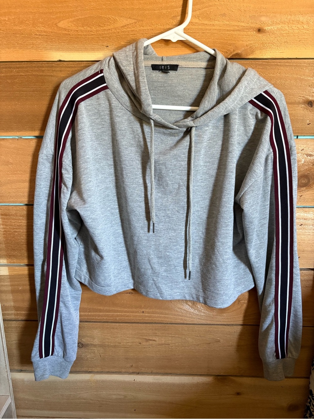 iris Grey Cropped Hoodie Sweater with Burgundy and Black Stripes